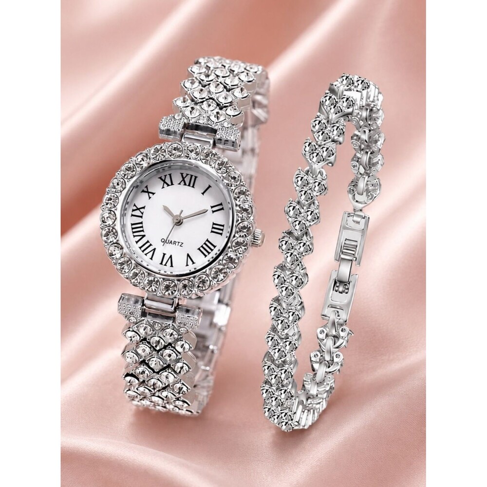 Iced Out Watch & Bracelet Set Simulated Diamond VVS Stainless Steel Dainty Shiny